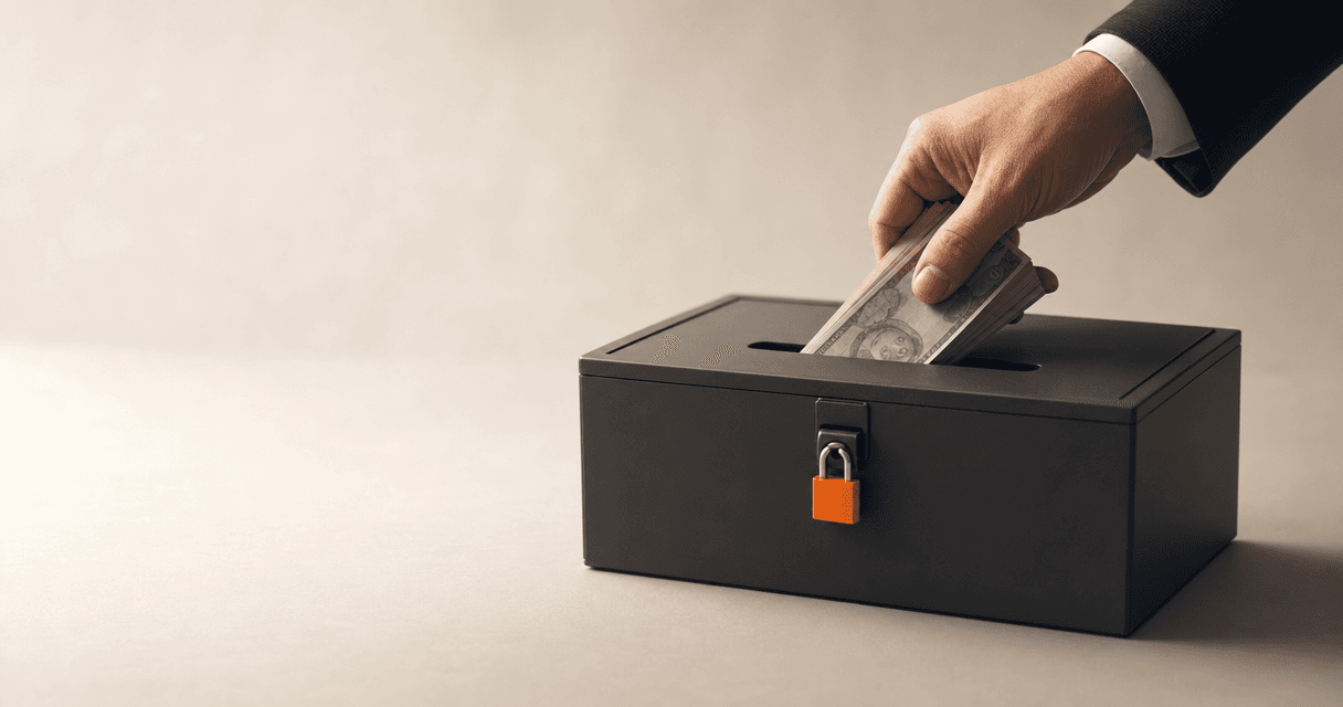 A hand slides cash into a locked black strongbox sealed with an orange padlock: paying a dev shop upfront before you can verify the work.