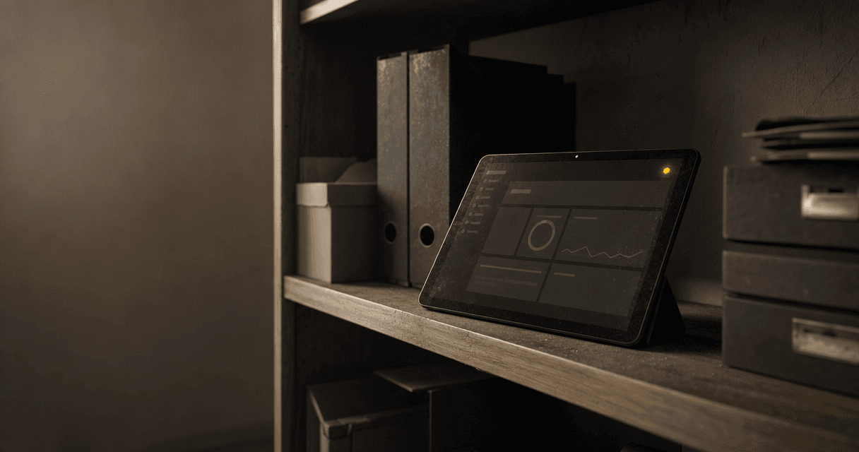 A tablet running an app sits unused on a dim office shelf among binders: custom software that shipped but nobody adopted.